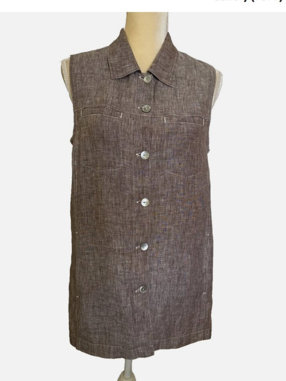 CHICOS DESIGN Brown Linen Long Vest Size 1 Small Sleeveless Tunic Top